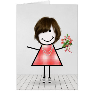 Stick Figure Girl with Birthday Bouquet Cards
