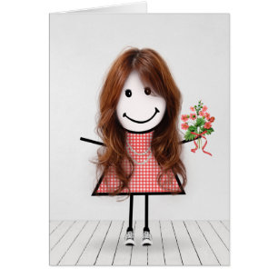 Stick Figure Girl with Birthday Bouquet Cards