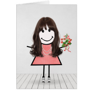 Stick Figure Girl with Birthday Bouquet Cards