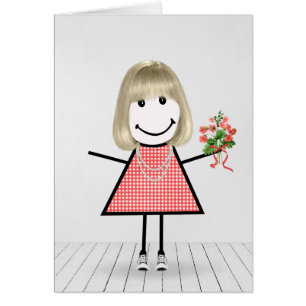 Stick Figure Girl with Birthday Bouquet Cards