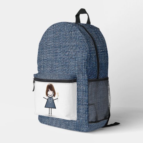 Stick Figure Girl With Daisies and Blue Denim Printed Backpack