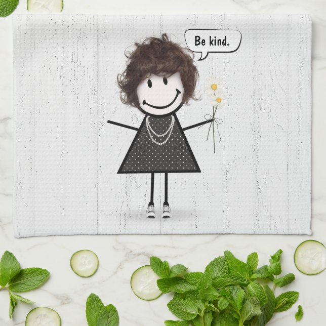 Stick Figure Girl with Daisies and Quote Kitchen Towel (Folded)