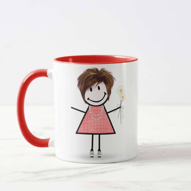 Stick Figure Girl with Daisies and Quote Mug (Left)