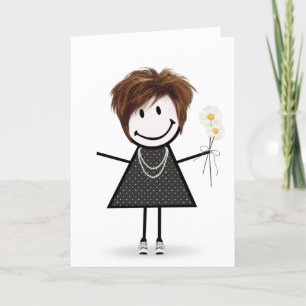 Stick Figure Girl With Daisies Card