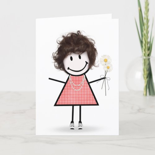 Stick Figure Girl With Daisies Card