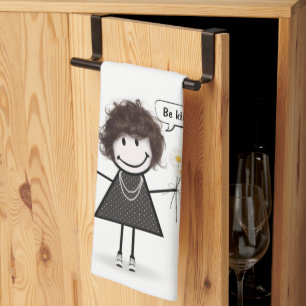 Stick Figure Girl with Daisies Kitchen Towel