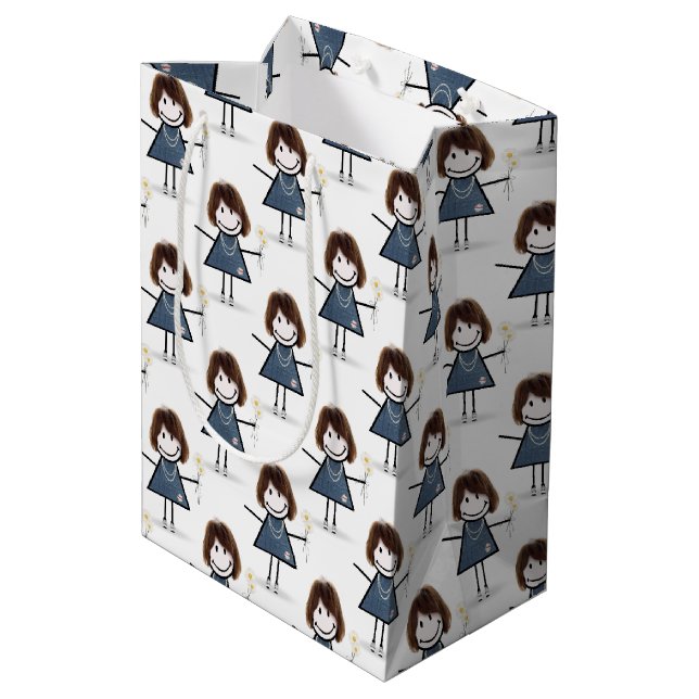 Stick Figure Girl With Daisies  Medium Gift Bag (Back Angled)