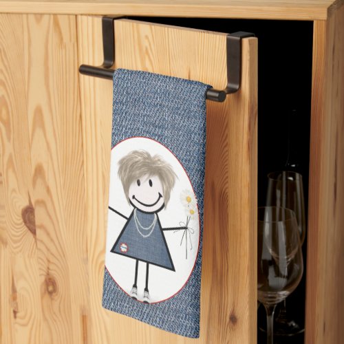 Stick Figure Girl with Daisies on Denim Kitchen Towel