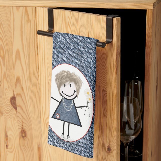 Stick Figure Girl with Daisies on Denim Kitchen Towel (Thirds Fold)