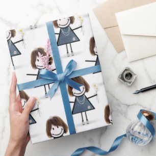 Stick Figure Girl With Daisies Wrapping Paper