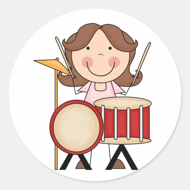 Stick Figure Girl With Drums Classic Round Sticker (Front)
