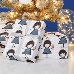 Stick Figure Girl with Flower Bouquet Wrapping Paper