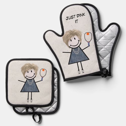 Stick Figure Girl With Pickleball Paddle Oven Mitt  Pot Holder Set