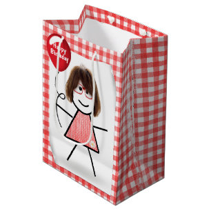 Stick Figure Girl with Red Birthday Balloon  Medium Gift Bag