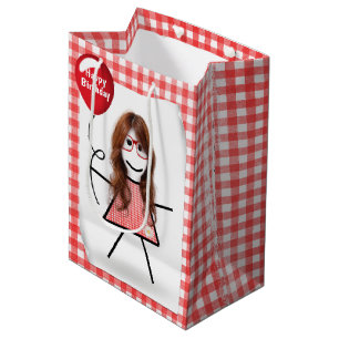 Stick Figure Girl with Red Birthday Balloon  Medium Gift Bag