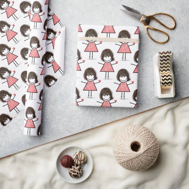 Stick Figure Girl With Red Heart Wrapping Paper (Crafts)