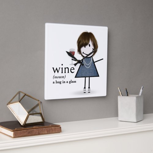 Stick Figure Girl With Red Wine Square Wall Clock