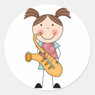 Stick Figure Girl With Saxophone Classic Round Sticker