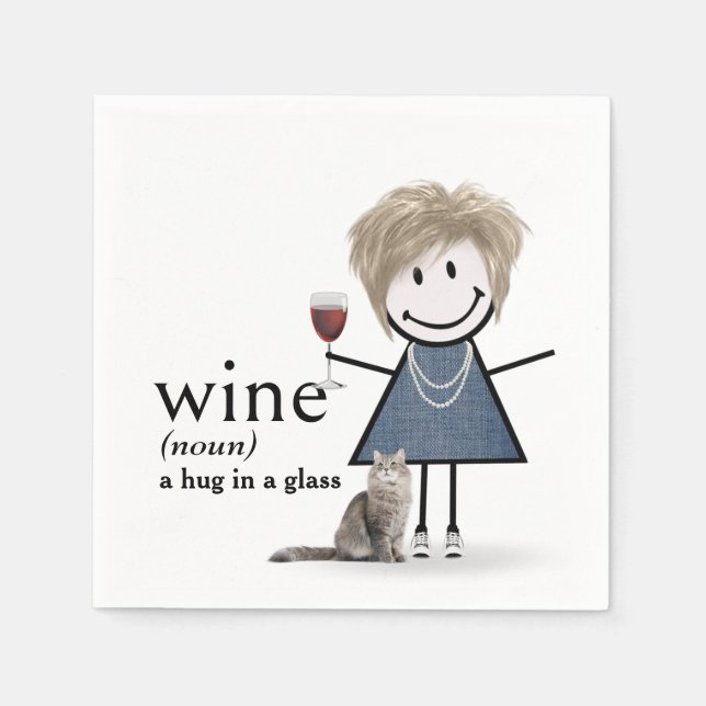 Stick Figure Girl With Wine And Cat Napkins (Front)