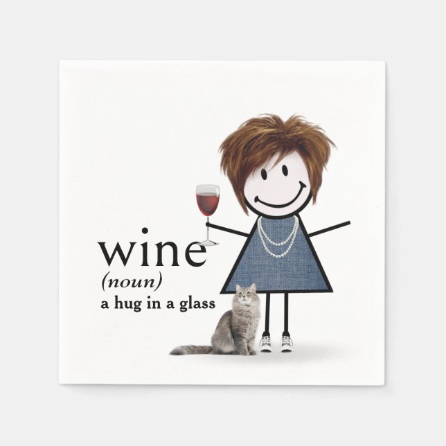 Stick Figure Girl With Wine And Cat Napkins (Front)