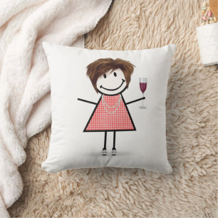 Stick Figure Girl With Wine Glass Throw Pillow