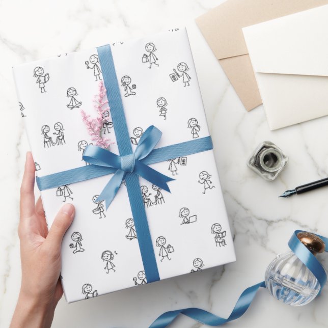 Stick Figure Girls Everyday Life – Black on White  Wrapping Paper (Gifting)