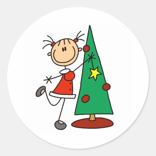 Stick Figure Holiday  Tree Classic Round Sticker (Front)