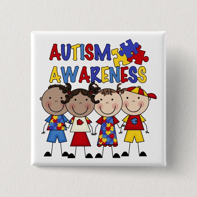 Stick Figure Kids Autism Awareness Pinback Button (Front)