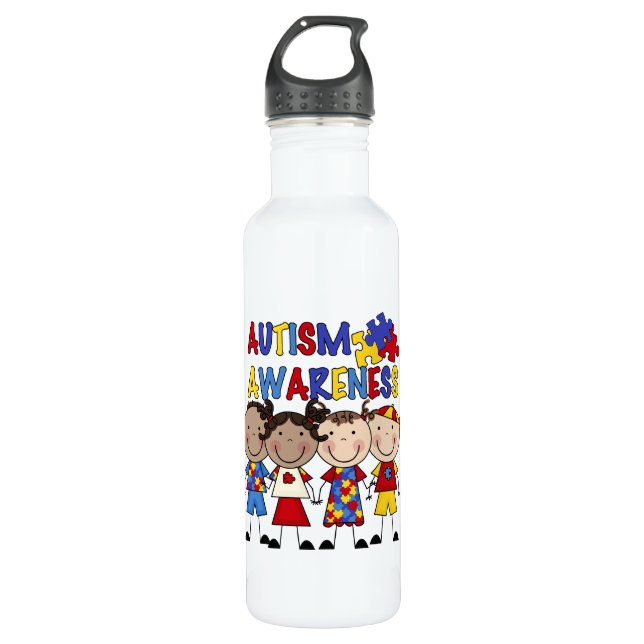 Stick Figure Kids Autism Awareness Water Bottle (Front)