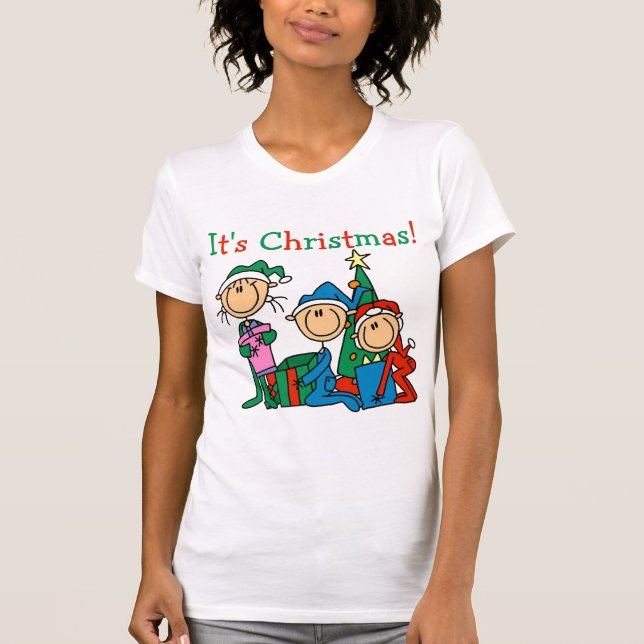 Stick Figure Kids It's Christmas Tshirts and Gifts (Front)