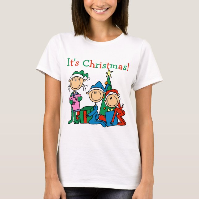 Stick Figure Kids It's Christmas Tshirts and Gifts (Front)