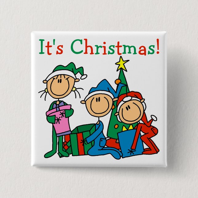 Stick Figure Kids It's Christmas Tshirts and Gifts Button (Front)