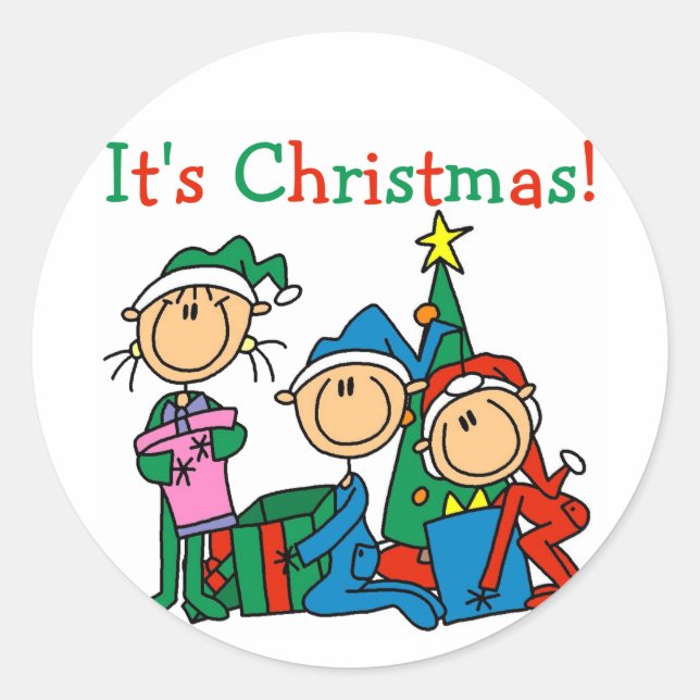 Stick Figure Kids It's Christmas Tshirts and Gifts Classic Round Sticker (Front)