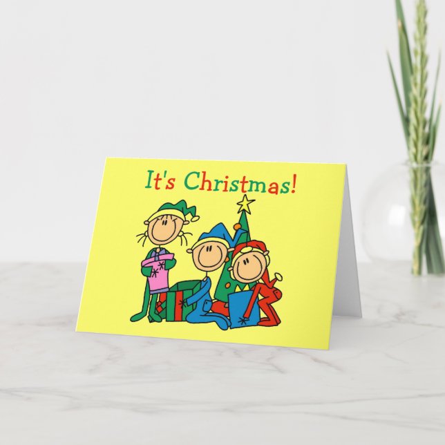 Stick Figure Kids It's Christmas Tshirts and Gifts Holiday Card (Front)