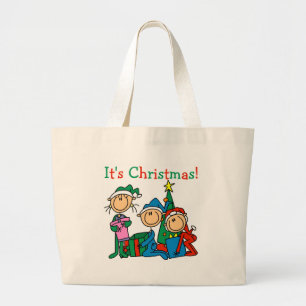 Stick Figure Kids It's Christmas Tshirts and Gifts Large Tote Bag