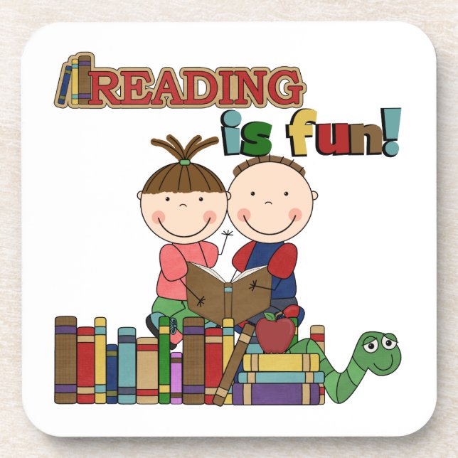 Stick Figure Kids Reading is Fun Beverage Coaster (Front)