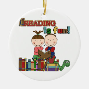 Stick Figure Kids Reading is Fun Ceramic Ornament