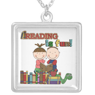 Stick Figure Kids Reading is Fun Silver Plated Necklace