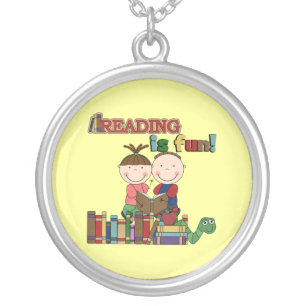 Stick Figure Kids Reading is Fun Silver Plated Necklace