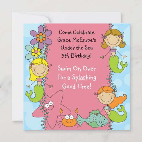 Stick Figure Mermaid Custom Birthday Invitation