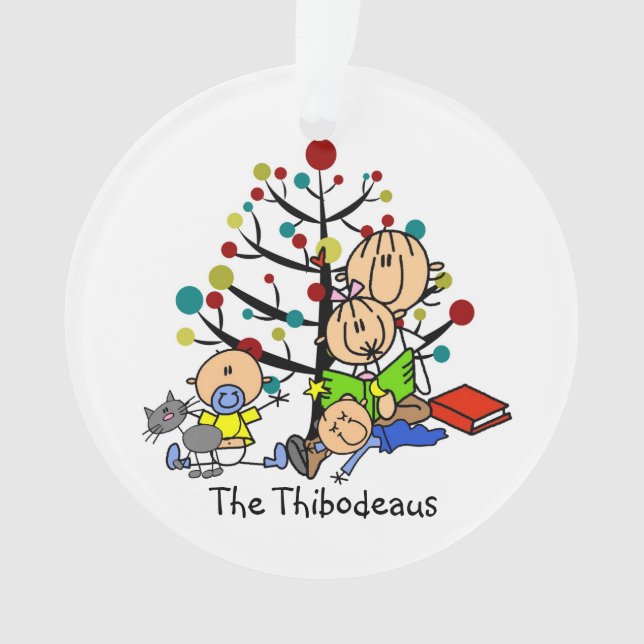 Stick Figure Mom, Kids, Cat Acrylic Ornament (Front)