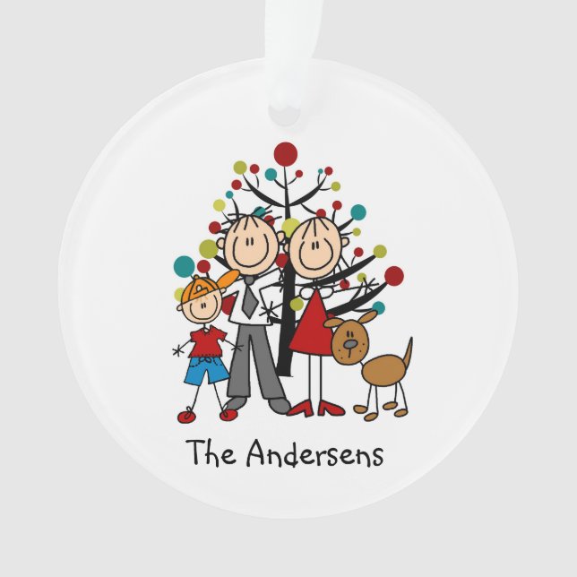 Stick Figure Parents, Boy, Dog Acrylic Ornament (Front)