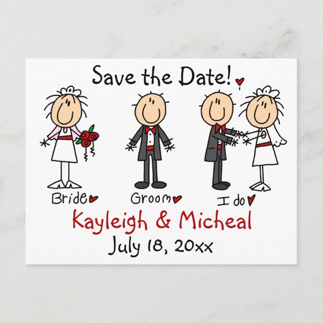 Stick Figure Save the Date! Announcement Postcard (Front)