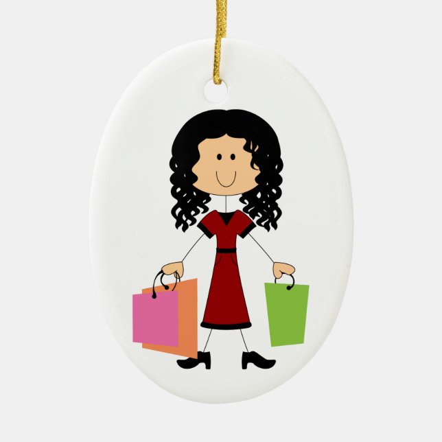 Stick Figure Shopping Ceramic Ornament (Front)