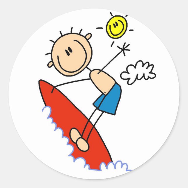 Stick Figure Surfer Boy Tshirts and Gifts Classic Round Sticker (Front)