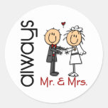 Stick Figure Wedding Couple Mr. &amp; Mrs. Always Classic Round Sticker at Zazzle