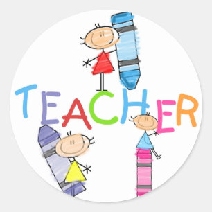 Stick Figures Crayons Teacher Tshirts and Gifts Classic Round Sticker