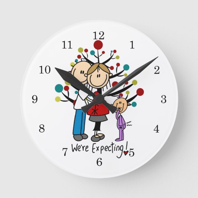 Stick Figures Expectant Parents Girl Round Clock (Front)