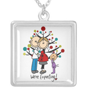 Stick Figures Expectant Parents Girl Silver Plated Necklace