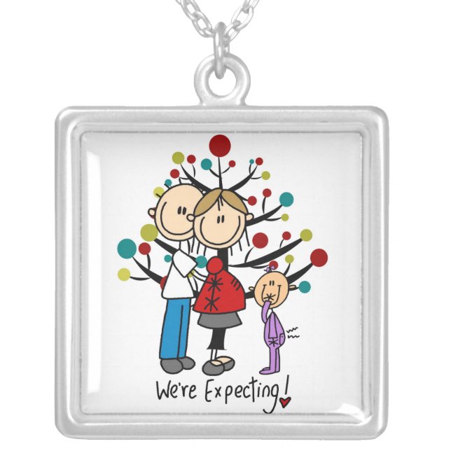 Stick Figures Expectant Parents Girl Silver Plated Necklace (Front)